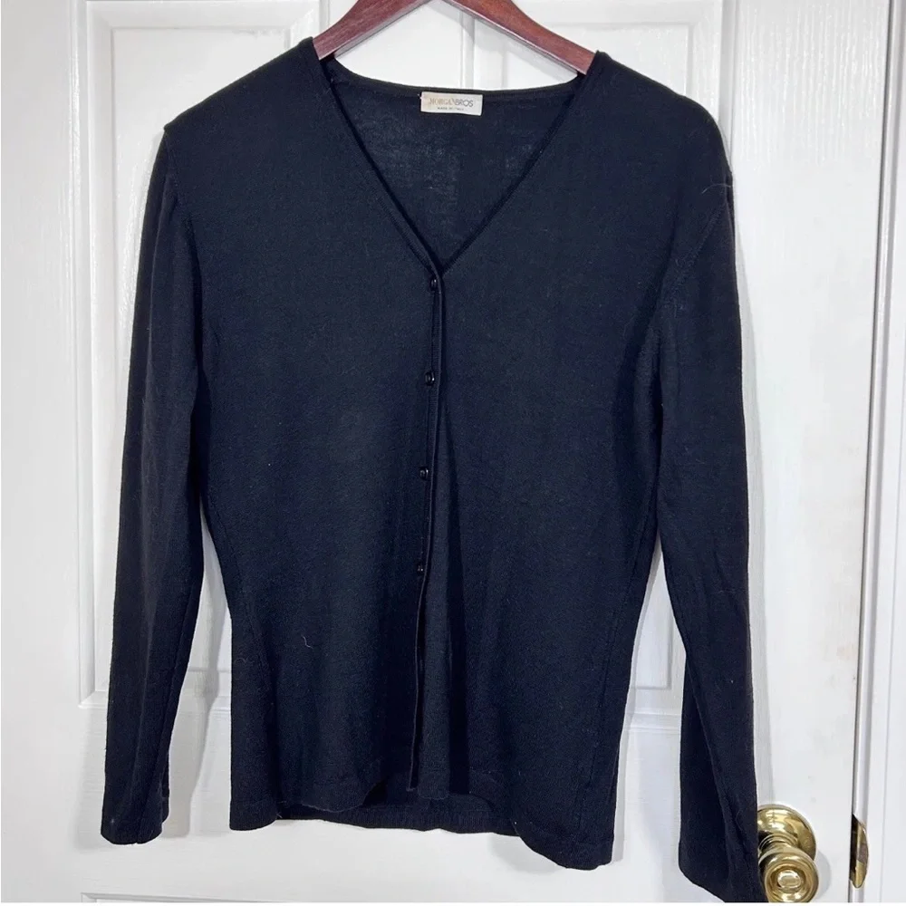 MORGAN BROS Italy Black Pure Virgin Wool Cardigan Sweater Womens Size S Woolmark - Picture 1 of 7